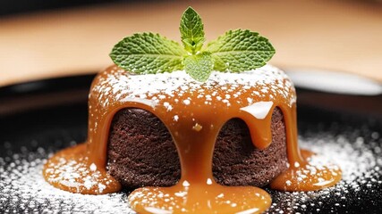 Close-up of rich chocolate lava cake being dusted with powdered sugar on a black plate with caramel sauce, on a wooden table background, for culinary or dessert advertising