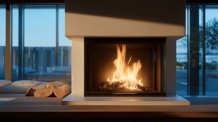 Sleek modern fireplace with glass front, gentle fire burning inside, neutral interior design emphasizing simplicity, balance, and modern lifestyle aesthetics. cinematic color correction, natural