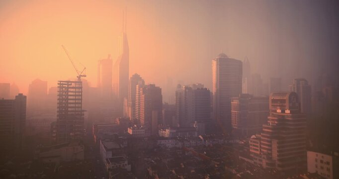 Shanghai, China. Time-lapse Urban Skyline with construction site works. crane working development. City Business Center. Smog at morning, smog in big city