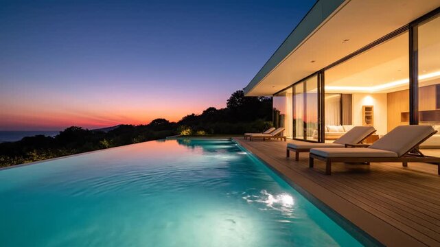 Modern home with infinity pool overlooking sunset from deck with lounge chairs