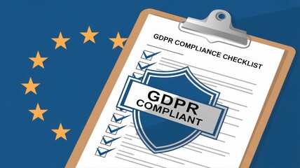 Fototapeta premium GDPR compliance checklist on clipboard with European Union flag