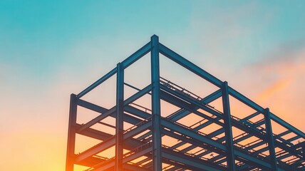Steel frame construction site industrial building sunset sky structural framework metal beams architecture outdoor engineering modern design