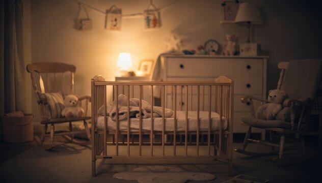 Softly illuminated infant sleep space with warm lighting focused on the crib while toys and furniture are blurred.