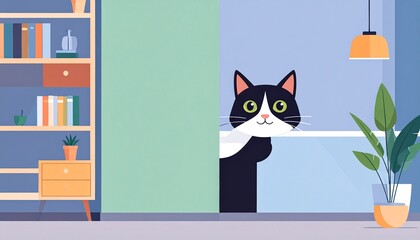 A black cat peeking out from behind a green wall