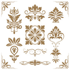 Thai ethnic decorative elements vector set with traditional golden ornaments and floral patterns, luxury oriental frame and border illustration for invitation, greeting card and textile © RIO TOO