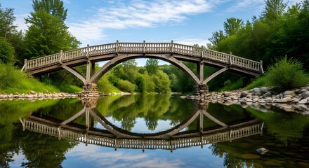 Elegant wooden bridge arches gracefully over a calm river, reflecting perfectly in the water under a blue sky.
