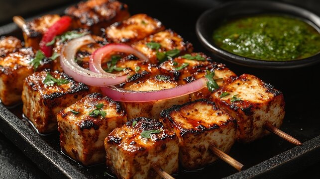 Serving of rich paneer tikka with marinated cubes grilled to perfection garnished with onions and bell peppers accompanied by mint chutney