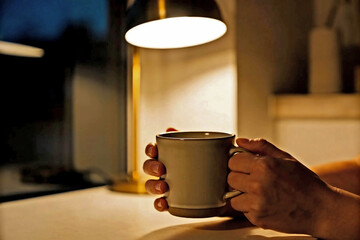 Close Up of Hands Holding a Warm Coffee Mug on Desk Under Lamp Light in Cozy Evening