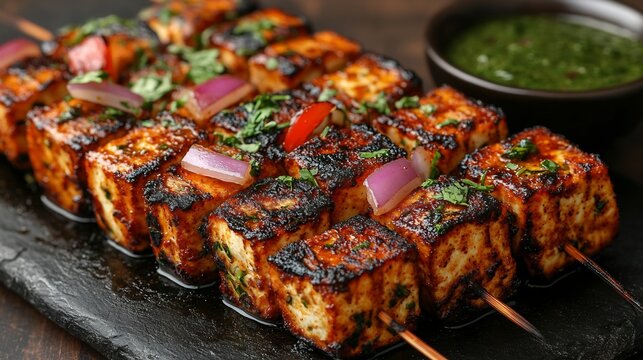Serving of rich paneer tikka with marinated cubes grilled to perfection garnished with onions and bell peppers accompanied by mint chutney