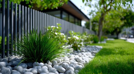 Obraz premium Lush green garden border with decorative stones and modern fencing on a sunny day