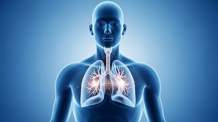 Detailed digital illustration of human lungs anatomy in a male body from a frontal viewpoint