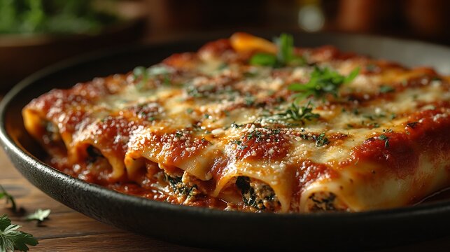 Serving of stuffed cannelloni pasta filled with ricotta and spinach smothered in marinara sauce and topped with bubbling mozzarella