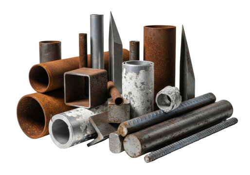 meticulously arranged rusty steel tubes and corroded aluminum profiles on a transparent background with copy space, razor-sharp macro focus, cinematic lighting, concept of industrial decay and