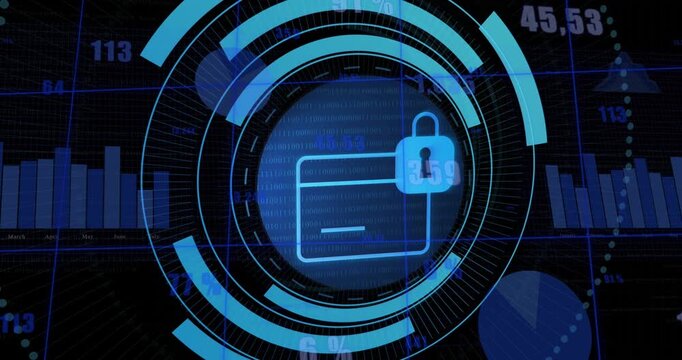 Animation of security padlock icon on round scanner against statistical data processing