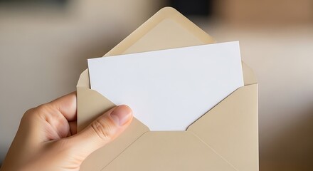 Fototapeta premium Hand holding beige envelope with blank card with message, communication concept, and closeup.
