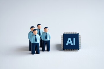 Businessmen gathered around AI microchip technology concept