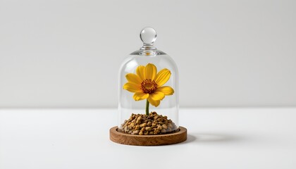 A decorative jar with a yellow flower and a scattering of earth toned rocks or pebbles, placed on a surface with a plain background.