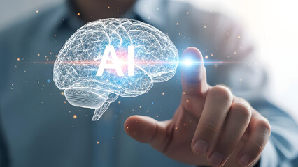 A man interacting with a futuristic artificial intelligence interface in his hand