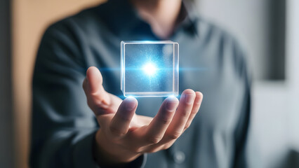 A man in a gray shirt holding a glowing blue cube in his hand