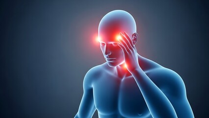 A person clutching their face in pain with a red glow around their eye and forehead area, a digital illustration showcasing discomfort and distress