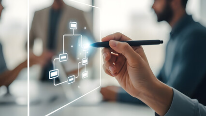 A hand holding a pen interacting with a digital flowchart on a transparent screen in a modern office setting