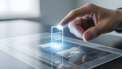 A hand interacting with a futuristic digital interface on a transparent screen