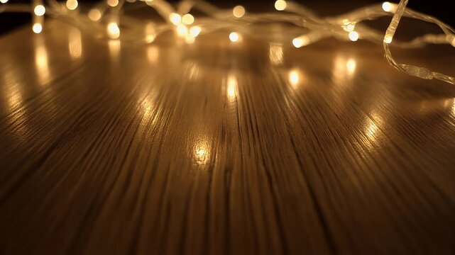 Warm glowing string lights create a cozy atmosphere on a wooden surface.