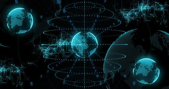 Central holographic globe rotating in dark data grid, glowing rings and numeric data streams