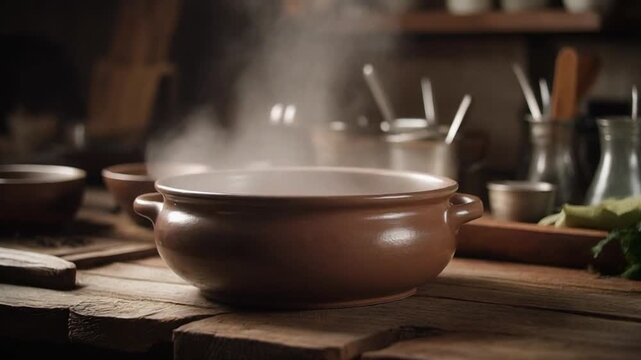 Steaming pot on wooden kitchen countertop with utensils and ingredients