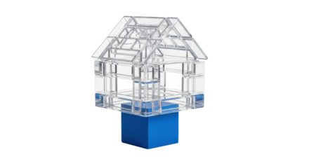 macro photograph of a detailed modern house model built from translucent acrylic blocks, defined by a matte sapphire blue foundational cube on a white studio background. concept of architectural