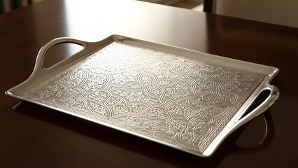A rectangular silver serving tray with ornate embossed floral patterns and integrated handles rests on a polished wooden surface