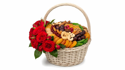 Traditional Festive Gift Basket with Nuts and Red Rose Arrangement
