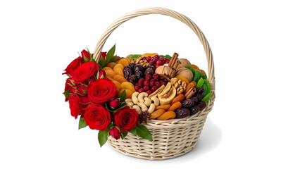 Premium Dry Fruits Gift Basket Adorned with Fresh Red Roses Isolated