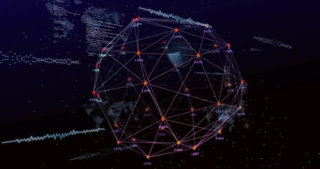 On start geodesic sphere rotating as waveforms, code blocks and dials sliding representing network - Powered by Adobe