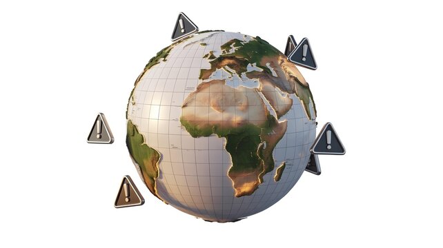 Digital representation of planet earth surrounded by multiple dark gray warning hazard alert signs indicating global danger or crisis.