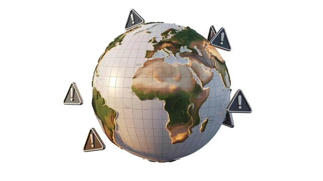 Digital representation of planet earth surrounded by multiple dark gray warning hazard alert signs indicating global danger or crisis.