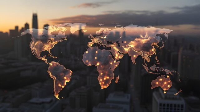 Glowing digital world map projection overlaid on a blurred cityscape at sunset symbolizing global connectivity and business expansion opportunities - Powered by Adobe