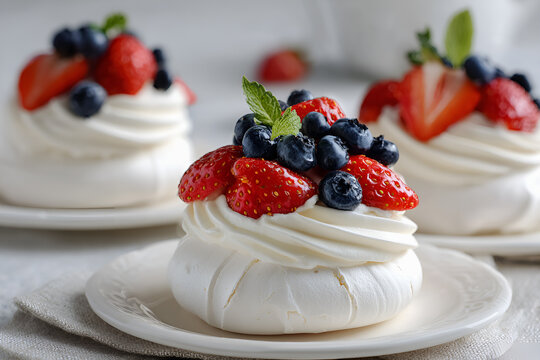 Bezy z bitą śmietaną i świeżymi owocami, truskawki i bor&oacute;wki na mini bezach, lekki letni deser w jasnej aranżacji.