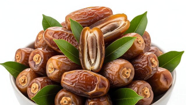 A pile of delicious ripe dates with a single date cut in half revealing its seed and flesh surrounded by fresh green leaves presented in a bowl
