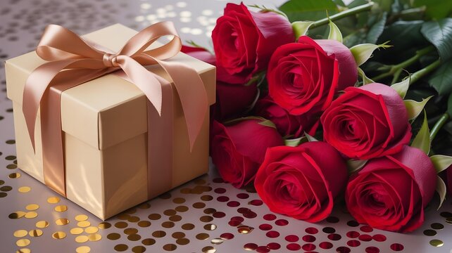 A beautifully wrapped champagne colored gift box sits beside a vibrant bouquet of deep red roses scattered with festive confetti.