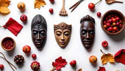 A collection of mask heads arranged with autumnal elements behind, such as leaves and berries, suggesting a seasonal arrangement.