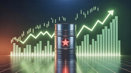 A metallic oil drum with a glowing red star stands against a dark background featuring a bright green upward trending stock market chart.
