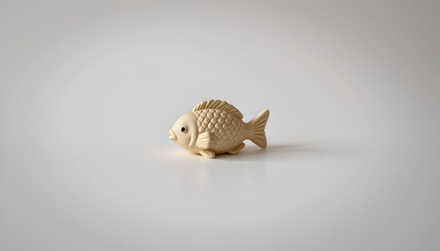 The photo features a single ceramic fish with a detailed fin pattern and a lifelike texture against a neutral background.