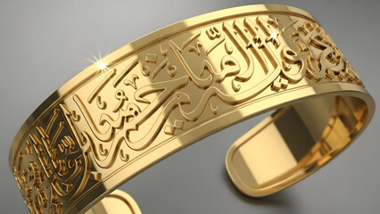 A gleaming gold bracelet adorned with intricate Arabic calligraphy