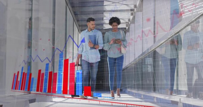 Man pulling bag and woman tapping tablet walking, causing chart overlays showing business data