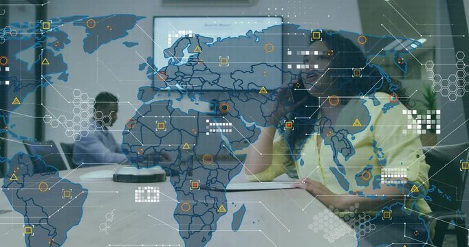 Woman starting phone call and reading in meeting, animated map overlaying, aiding tech decisions
