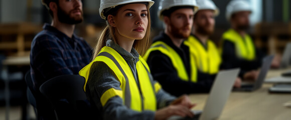 a diverse group of male and female construction workers sitting in a classroom, 