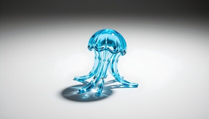 A clear, octopus shaped sculpture of a jellyfish with glowing blue light is placed in front of it against a contrasting background.
