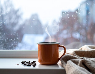 Hot Coffee Cup on a Snowy Window Sill with Cozy Blanket