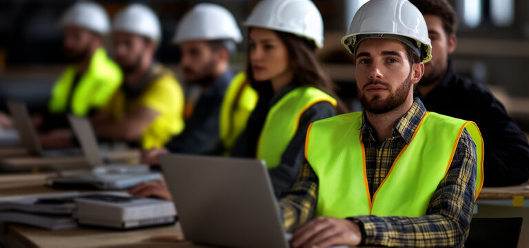 a diverse group of male and female construction workers sitting in a classroom,  - Powered by Adobe